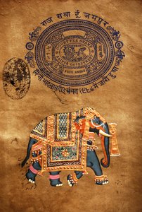 Elefante, pintura hecha a mano y papel timbrado antiguo, Jaipur, Rajastán, India