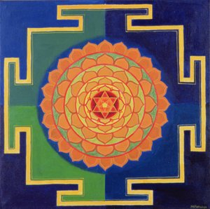 Dibujo del Gayatri Yantra (pigmento sobre tabla)
