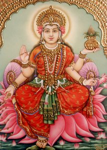 Pintura en miniatura de la diosa Lakshmi Laxmi sobre marfil de School Indian