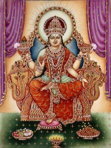 Pintura en miniatura de la diosa Lakshmi sobre marfil de School Indian
