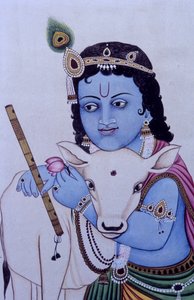 Señor Bal Krishna con vaca en miniatura Pintura sobre papel de School Indian
