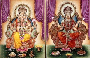 Lord Ganesh Ganpati Diosa y Lakshmi Miniatura Pintura sobre Marfil de School Indian