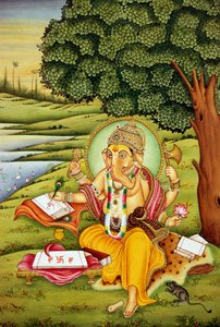 Lord Ganesh Ganpati Pintura en miniatura sobre papel de School Indian