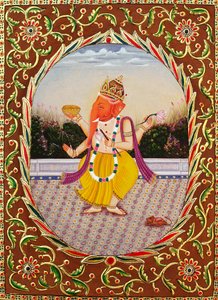 Lord Ganesha Ganpati Pintura en miniatura sobre papel con bordado de School Indian