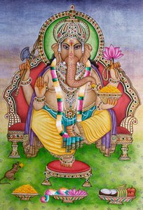 Lord Ganesha Ganpati en miniatura Pintura sobre papel de School Indian