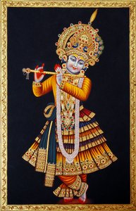 Krishna tocando la flauta Pintura en miniatura sobre papel de School Indian