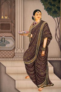 Marathi Lady Going To Temple Pintura en miniatura sobre papel de School Indian