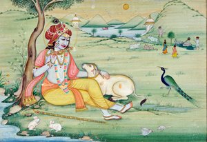 Pintura en miniatura de Krishna tocando la flauta de School Indian