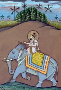 Pintura en miniatura del emperador mogol Shah Jahan sentado en un elefante