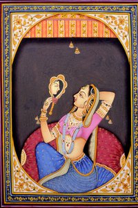 Pintura en miniatura de una mujer mirándose al espejo de School Indian