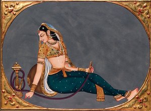 Pintura en miniatura sobre papel Dama disfrutando del narguile de School Indian