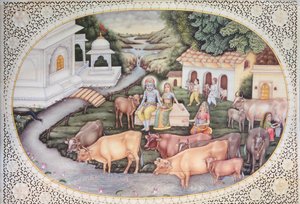 Miniatura de Krishna lechera sentada en un campo con ganado (acuarela sobre marfil)