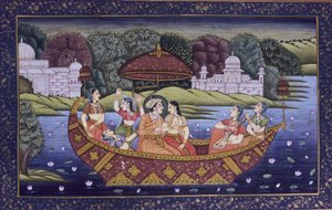 Pintura mogol en miniatura sobre papel, Rey escena de amor y disfrutando de la música en barco