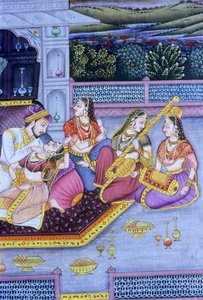 Pintura mogol en miniatura sobre papel, Escena de amor de School Indian