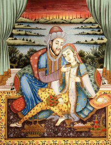 Pintura de un emperador mogol con su esposa en una escena de amor, India