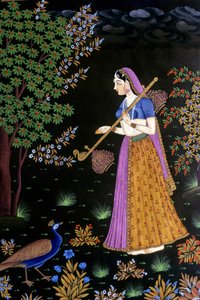 Pintura sobre papel, Dama disfrutando de la música, India de School Indian