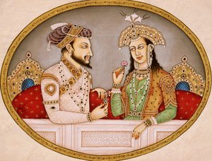 Retrato del emperador mogol Shahjahan con la reina Mumtaz Mahal, India