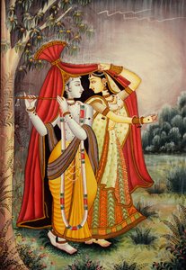 Pintura en miniatura de Radha Krishna en monzón sobre papel de School Indian