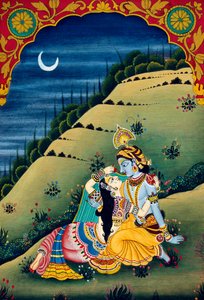 Radha Krishna Pintura en miniatura sobre papel de School Indian