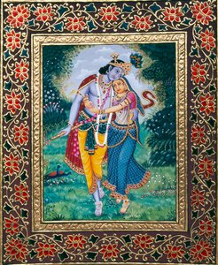 Radha Krishna Pintura en miniatura sobre papel de School Indian
