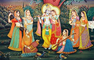 Radha Krishna con Sakhis Disfruta de la Música de School Indian
