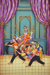 Radha Krishna con Sakhis Pintura en miniatura sobre papel de School Indian