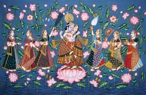 Radha Krishna con Sakhis Pintura en miniatura sobre papel de School Indian