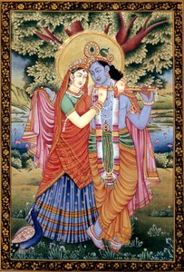 Radha y Krishna Escena de amor Pintura en miniatura sobre papel de School Indian