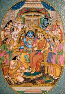 Ram-Darbar con otros dioses Pintura en miniatura sobre papel de School Indian
