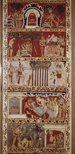 Escenas del Ramayana, poema épico compuesto en el siglo VI por Valmiki y que cuenta la leyenda de Rama. Bengala Occidental. Biblioteca Victoria y Alberto. Londres de School Indian