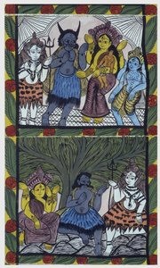 Shiva da vida a Ganesha (Ganesh o Ganapati), en los brazos de su madre Parvati, después de cortarle la cabeza en un arrebato de ira. Pat: rollo pintado de la región de Bengala, que sirve como medio narrativo para músicos Baoul (o baul). Leonard de Selva es de School Indian
