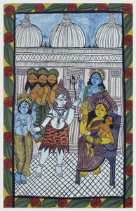 Los dioses vienen a admirar a Krishna, encarnado en el cuerpo de un hermoso niño, Ganesha (Ganesh o Ganapati) sentado en las rodillas de su madre Parvati. Pat: rollo pintado de la región de Bengala, que sirve como medio narrativo para los cantantes Baoul ( de School Indian