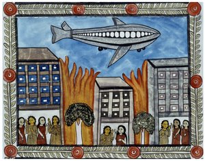 La historia de los ataques del 11 de septiembre de 2001 contada por los vendedores ambulantes Baul de Bengala. Pintura, serie, número 6/9, Bengala.