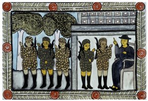 La historia de los ataques del 11 de septiembre de 2001 contada por los vendedores ambulantes Baul de Bengala. Pintura, serie, número 4/9, Bengala