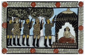 La historia de los ataques del 11 de septiembre de 2001 contada por los vendedores ambulantes Baul de Bengala. Pintura, serie, número 2/9, Bengala de School Indian