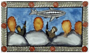 La historia de los atentados del 11 de septiembre de 2001 contada por los vendedores ambulantes Baul de Bengala. Pintura, serie, número 7/9, Bengala de School Indian