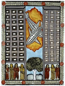 La historia de los ataques del 11 de septiembre de 2001 contada por los vendedores ambulantes Baul de Bengala, una ilustración de los aviones participando en el World Trade Center en Nueva York. Pintura, serie, número 3/9, Bengala.