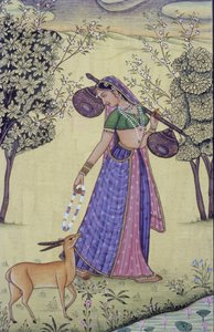 Pintura en miniatura de mujer con Rudra Veena y guirnalda de flores, India de School Indian