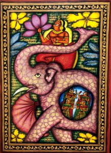 Pintura en miniatura de una mujer sentada en un elefante con una flor en la mano, India de School Indian