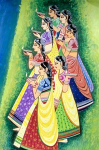 Pintura en miniatura de una mujer con una lámpara de aceite en la mano, India de School Indian