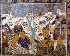 Arte iraní: detalle de un azulejo que representa a un misionero portugués entre los persas de School Iranian