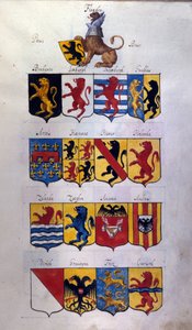 Blasón de los Países Bajos (Holanda, Flandes, Henao) con dragones, Archivio di Stato de Milán