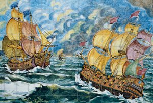 Panel cerámico que representa dos barcos de vela, producción de Vietri sul Mare, Campania, Italia, (detalle) de School Italian