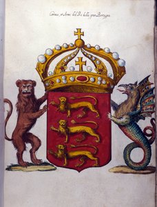 Escudo de armas de la familia real británica decora una corona, un león y una criatura fantástica. Archivo Estatal, Milán
