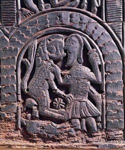 (detalle) de una caza de leones de un cofre medieval de School Italian