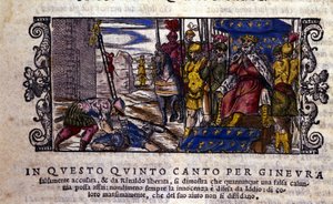 La princesa Ginebra es inocente y la lucha entre la calumnia y el caballero desconocido que vino a defender a Ginebra es interrumpida. Escena del poema caballeresco 