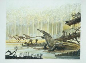 Rutiodon con Fabrosaurus en el fondo, período Triásico de School Italian
