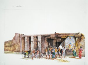 Tell el-Amarna - reconstrucción del culto al dios Atón, representado como el disco solar (litografía a color) de School Italian