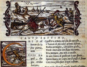 El gigante Eryphila montado en un lobo lucha contra Roger - Escena del poema caballeresco 