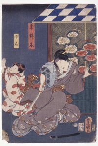 Child Someki Pleading; Mother Falling Back With Sword (xilografía en color) de School Japanese